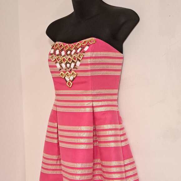 Lilly Pulitzer Size 0 Sami-Ryan Dress Pink Metallic Stripe Strapless - Picture 9 of 11